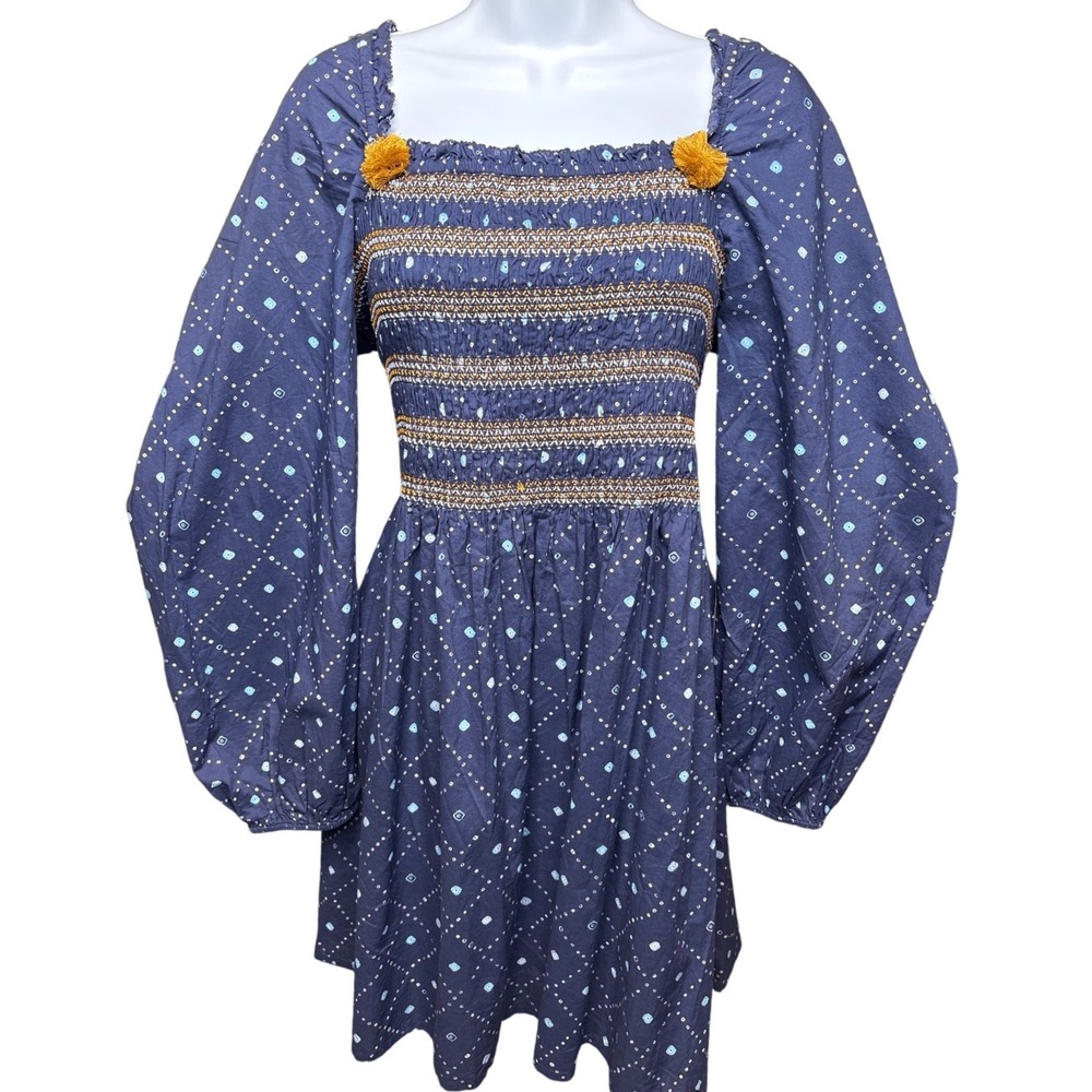 FIGUE Navy Blue Bandhani Print Smocked Balloon Sleeve Mini Dress XL Boho-Chic